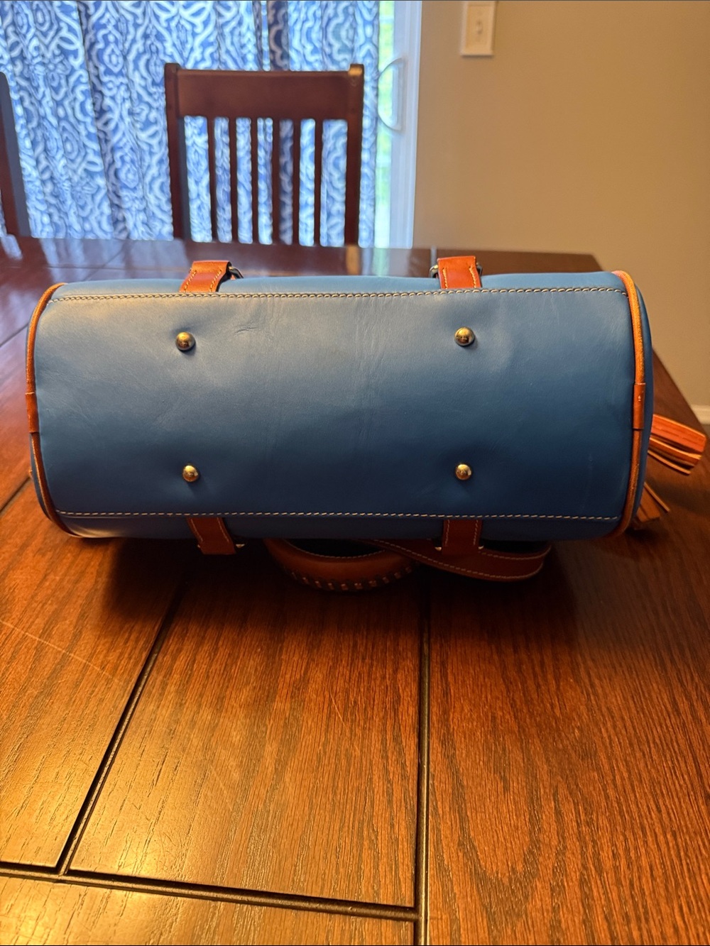 Dooney & Bourke Blue Leather Satchel with Brown Trim and Handles - Picture 2 of 4